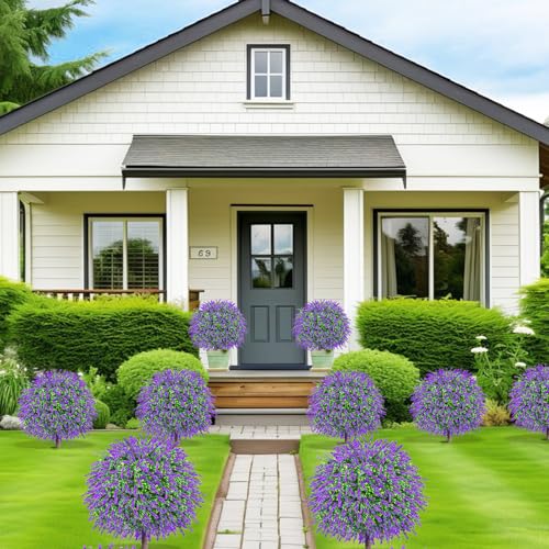 27.5" Artificial Lavender Boxwood Topiary Ball Trees, Set of 2 Fake Shrubs Bushes with Ground Spike, UV Resistant Faux Evergreen Tree for Front Porch Outdoor Garden Decor - color: Purple Lavender