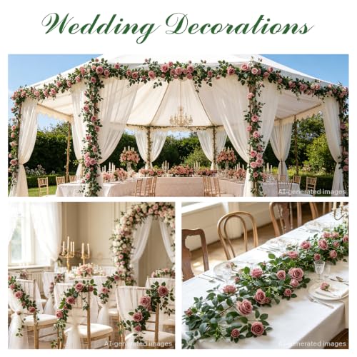 2 Pack 11.2 Ft Artificial Flower Garland with White Roses, Realistic Fake Greenery Vines with 17 Roses Flowers for Wedding Table Centerpieces Arch Party Ceremony Backdrop Decor (Dirty Pink) - color: Dirty Pink