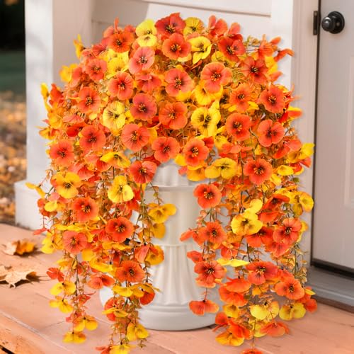 Artificial Fall Flowers for Outdoor, 4 Pcs Faux Pansy Fake Mums Plant Hanging Flowers Outdoor Fall Decor, UV Resistant No Fade Silk Flower for Front Door Porch Planter Patio Yard Garden(Orange Golden) - color: Orange Golden