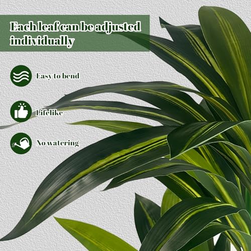 Artificial Dracaena Tree 4FT with White Tall Planter,Fake Green Plant with Natural Wood Trunk & Lifelike Leaves, Aritificial Yucca Plant for Home Office Decor,Housewarming