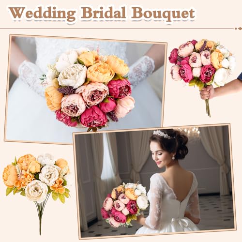 4 Bunches Peonies Artificial Flowers Faux Flowers Bouquet Silk Peony Hydrangea for Vase Wedding Centerpiece Bridal Shower Garden Party Home Decor (Orange Pink) - color: Orange Pink
