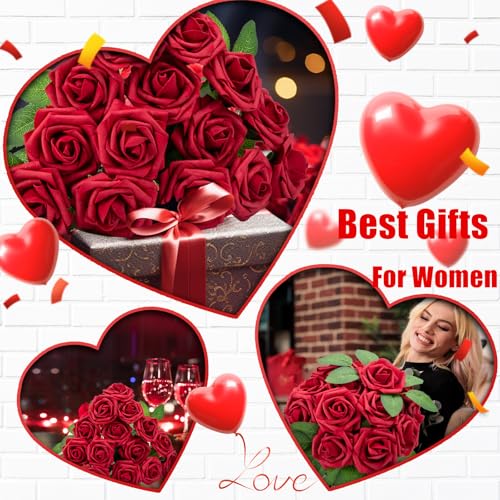 Cliselda 100Pcs Red Fake Roses Artificial Flowers with Stems, Valentine's Day Mothers, Real Touch Foam Rose Bulk Faux Flowers for Wedding Bouquets Centerpieces Flower Arrangement - color: Red