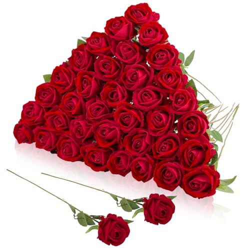 36 Pcs Velvet Silk Red Rose Bouquet Bridal Artificial Flowers,Fake Rose Long Stem Realistic Flowers Bulk for Wedding Bouquet Ball Arrangement Centerpiece Party Decor - color: Red