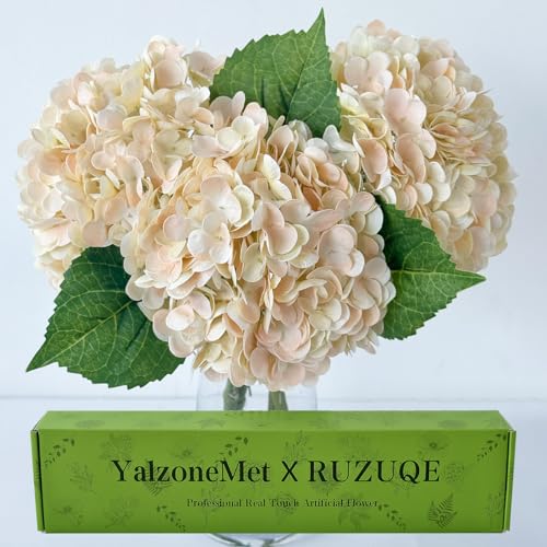 YalzoneMet 3 PCS Champagne Pink Hydrangea Artificial Flowers 21 inches Real Touch Faux Latex Hydrangea Flowers for Wedding Tables Centerpieces Boho Fake Flowers for Party Home Kitchen Decor - color: Champagne Pink