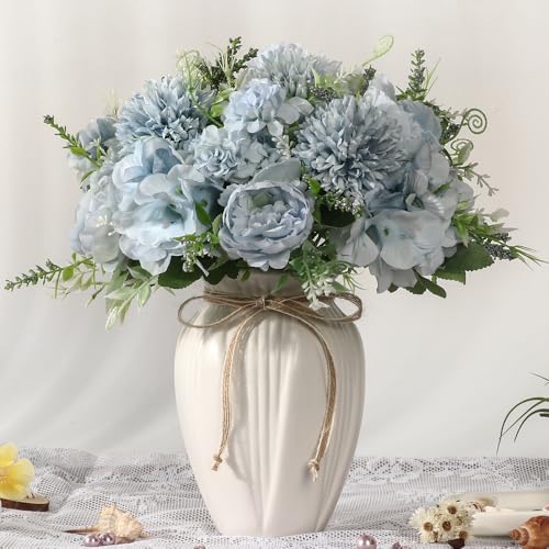 Peonies Artificial Flowers in Vase, Fake Hydrangea Silk Peony Flower Bouquet with Vase Faux Flowers Arrangement Decor Home Table Dining Room (Blue) - color: Blue