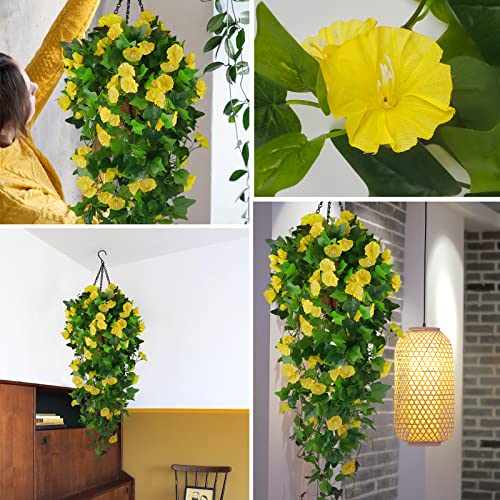 Artificial Fake Hanging Flowers Plants Basket for Spring Outdoor Outside Decoration, UV Resistant Faux Plastic Fabric Flower Morning Glory Wisteria Petunia for Garden Porch Patio Balcony Yard Decor - color: Yellow