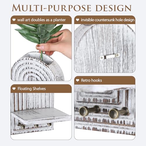 3-in-1 Wooden Wall Organizer - Planter Vase + Candle Sconces + Hooks (No Dried Flower)- Farmhouse Hanging Decor Boho Wall Art for Indoor Plants Artificial Eucalyptus for Living Room Bedroom Washwhite - color: Washwhite