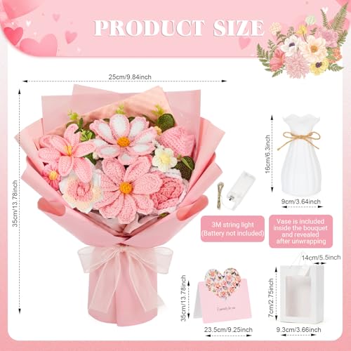 Crochet Flower Bouquet, Pink Handmade Knitted Flowers with Lights & Vase, Crochet Tulips Galsang Liliy Rose Daisy Flower for Mothers Day Graduation Wedding Lover Teacher Anniversary Birthday Gifts - color: Pink