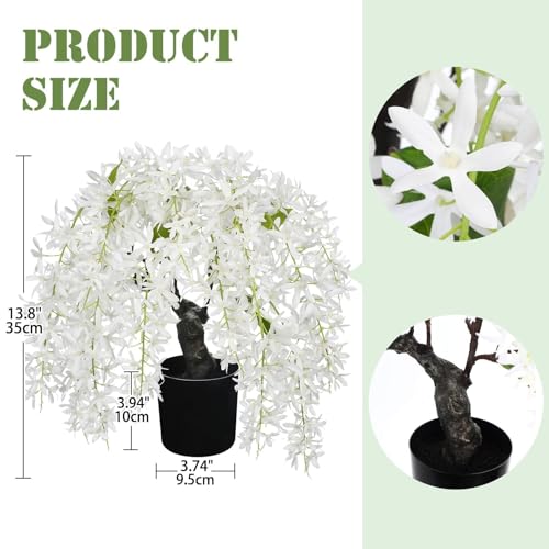 Artificial Flowers 13.8" Tall with Silk Wisteria White Flower Arrangement and Realistic Wood Fake Bonsai Tree Plants Faux Plants for Spring Home Bedroom Office Bathroom Coffee Table Centerpiece Decor - color: White-13.8