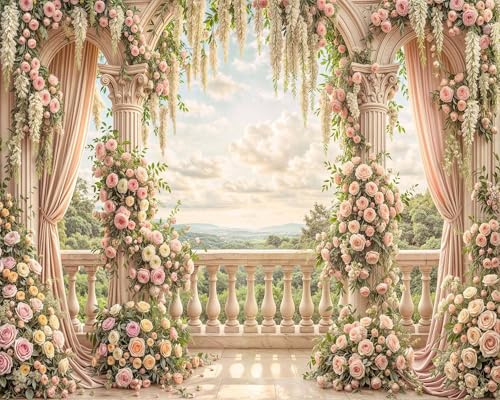 6 x 4 ft Pink Floral Backdrop Rome Garden Balcony Arch Retro Flowers Photography Backdrops Wedding Birthday Party Decorations Baby Bridal Shower Portrait Photo Background Studio Props Wall Decor - color: Multi02, size: 6X4FT