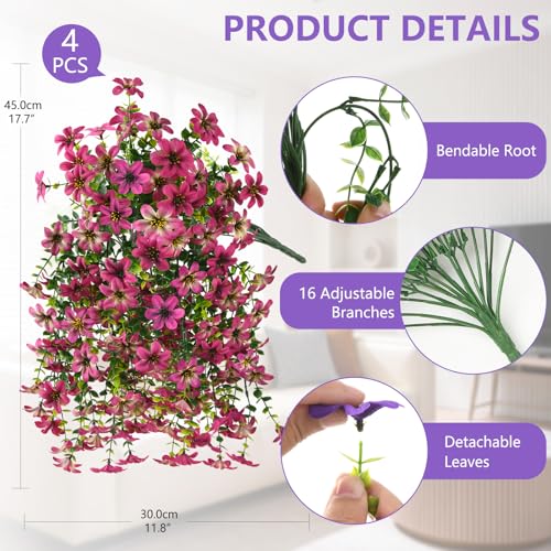 Artificial Hanging Baskets Outdoor, 4 Bundles Artificial Hanging Flowers Outdoors Spring Summer Decoration, No Fade Realistic Fake Hanging Baskets for Porch Patio Balcony Home Yard Decor - color: Purple Red Gradient Red