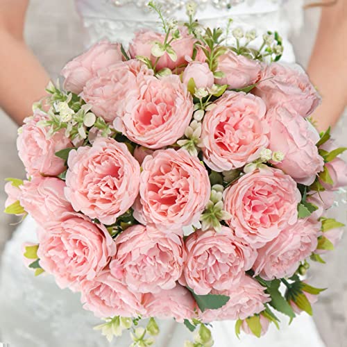 Pusuny Artificial Peonies Silk Flowers, 4 Bundles Faux Peony Bouquet Florals Arrangements for Farmhouse Home Boho Wedding Table Centerpiece, Fake Plastic Flower Bulk for Vase Decoration (Light Pink) - color: Light Pink, size: 4PCS