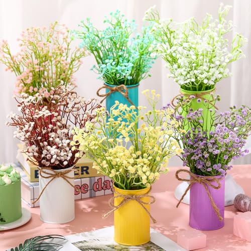 Maxdot 6 Sets Flower Centerpieces for Table Summer Artificial Baby Breath Flowers with Metal Vase Multicolor Faux Gypsophila Floral Arrangement Spring Summer Decorations for Home Wedding Party Decor - color: Classic