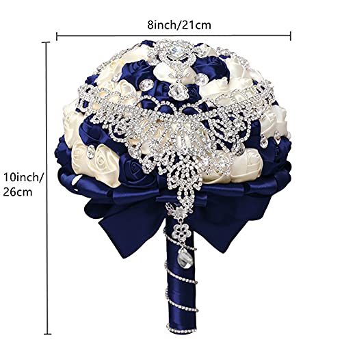 XINNI Handmade Bridal Wedding Bouquet Bride Bridesmaid Satin Rose Flower Bouquet with Drop-Shaped Rhinestone Wedding Decoration Navy Blue and Ivory - color: Navyblue+ivory