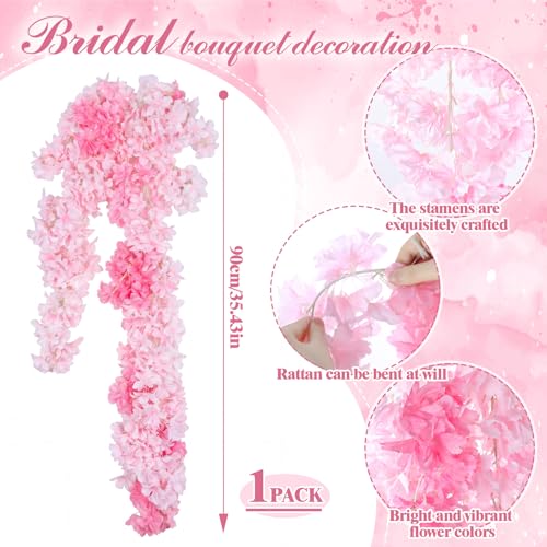 Sosation 35 Inch Artificial Wedding Bouquet for Bride, Pink Fake Cherry Blossom Flowers Cascading Bridal Cherry Blossom Bouquet, Boho Rustic Ceremony Decor for Outdoor Wedding Party Bridal Shower