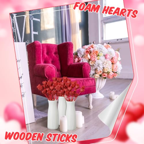 ZCYSRLQIN 6 Pcs Valentine's Day Glitter Foam Hearts Sticks Foam Heart Picks Sparkly Hearts Stems Puffy Heart Wooden Picks for Valentine Wedding Decorations Flower Arrangements Crafts (Red) - color: Red, size: 6 Pcs