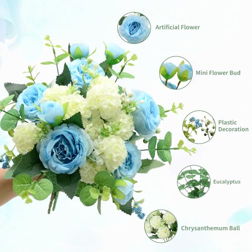 Artificial Flowers Bouquet, Blue Silk Peonies Chrysanthemum Mixed Bouquet with Eucalyptus, Artificial Roses Bouquet for Wedding Centerpieces Bridal Bouquet Mohter's Day Valentine's Day Home Decor - color: Blue