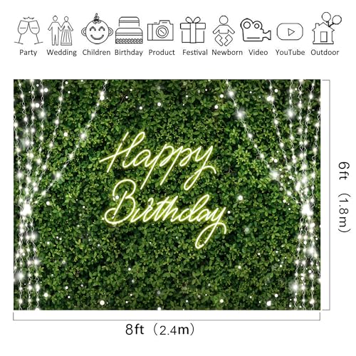 Riyidecor Green Happy Birthday Backdrop Polyester Fabric for Woman Rustic Spring Leaf Grass Neon 8Wx6H Feet Plant Botanical Leaves Nature Photography Background Birthday Baby Shower Photo Studio Shoot - color: D-Green Birthday（Light）, size: 8Wx6H