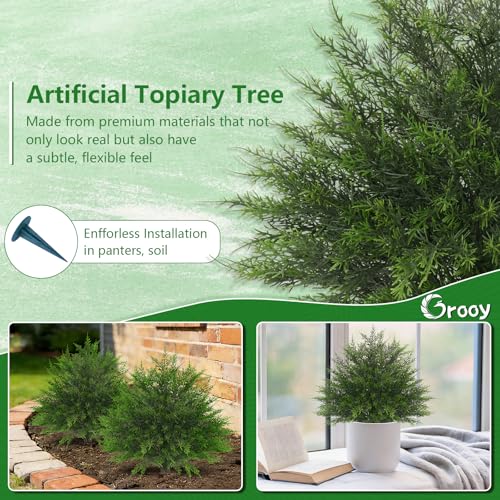 Grooy Artificial Cypress Topiary Bushes with Spike, 2 Pack Faux UV Resistant Cedar Ball Trees for Outdoor Planters, Fake Shrubs Plants for Porch Garden Decor - color: Cedar Tree