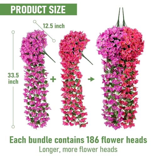 ATTGREAT Artificial Bougainvillea for Outdoors Faux Plants UV Resistant Flowers Fake Plastic Plants Realistic Silk Flowers for Porch Planter Garden Hanging Decoration, 2Pcs(Purple Red & Rose Red) - color: Purple Red & Rose Red