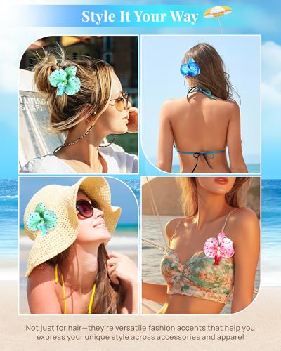 Mesovor 3 Pack Hawaiian Flower Hair Clips, Artificial Tropical Flower Orchid Hair Pin | Rhinestone Hairpins Hair Accessories for Wedding Bridal Beach Party (Blue Moth Orchid) - color: Blue Moth Orchid