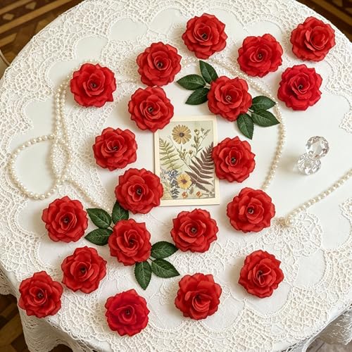 Eternal Blossom 50 Pcs Rose Flower Head, Artificial Flowers Bulk for DIY Crafts, 3in Fake Rose Silk Flower Head wit Stem, Faux Flowers for Decoration, Wedding Home Party Decor Garland Decor (50, Red) - color: Red