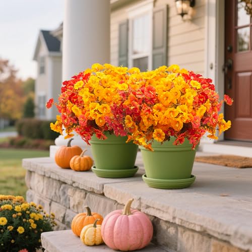 Grunyia 16 PCS Outdoor Fall Artificial Flower - Autumn Thanksgiving Halloween Porch Decor, Faux UV-Resistant Plants for Front Door, Wall, Fence, Fireplace Mantel Decorations - color: Fall Mix