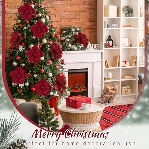 18 Pcs Large Velvet Christmas Poinsettia Magnolia Flowers Ornaments Glitter Big Heads Artificial Magnolia Flowers for Decoration Wedding Decor Supplies(Red) - color: Red