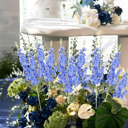 16Pcs Blue Delphinium Artificial Flowers 33.5'' Long Stem Larkspur Faux Silk Flower Bulk for Tall Floor Vase Outdoors Arrangements Home Garden Wedding Decor (Blue) - color: Deep Blue