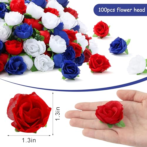 SITUMEIZI 100 Pcs Mini Patriotic Roses Head 4th of July Artificial Flowers Small Rose for Independence Day DIY Decor Blue White Red Silk Flowers for Memorial Day - color: Blue-white-red
