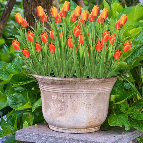 10 Bundles Artificial Tulips Flowers Outdoor,16.5 inch UV Resistant Fake Tulips Real Touch Flowers,Faux Tulips Realistic Flowers for Home Garden Outside Wedding Decor (Orange) - color: Orange