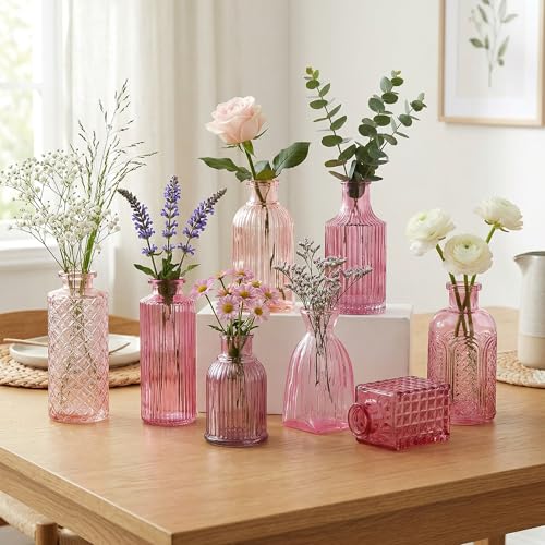 30Pcs Pink Glass Bud Vases, Wedding Table Decor, Bulk Housewarming Gift | Pink bud vases in bulk, Rustic embossed, Vintage-styled glass vases for centerpieces, 15 unique vintage styles(2 per design) - color: Pink Series