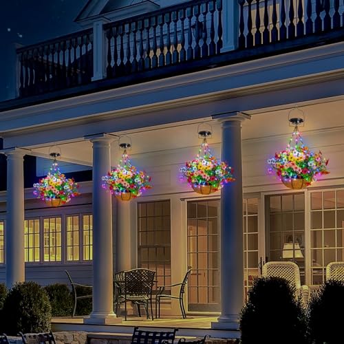 GOESWELL Solar Hanging Flowers Basket: 7Pcs Faux Silk Flower with Baskets - UV Resistant Fake Flower Basket for Outdoor Fall Yard Front Porch Decor - Gardeners Retirees Homeowners Gifts - size: 10inch, style: round - colorful