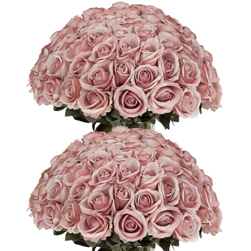 DuHouse 50pcs Artificial Silk Roses Realistic Fake Flowers for Wedding Decorations, Table Centerpieces, Bridal Bouquets, DIY Floral Arrangements, Party & Home Decor(Pink) - color: Fall Pink