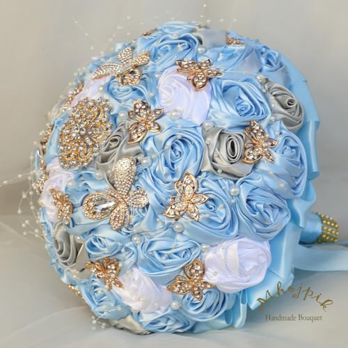 Handmade Wedding Flowers Bouquet Round Holding Bridal Bouquet Artificial Satin Roses Bunch for Bride Bridesmaid Wedding Quinceanera - color: Light Blue, Silver & White, size: Small (Dia. 7.5"/19cm)