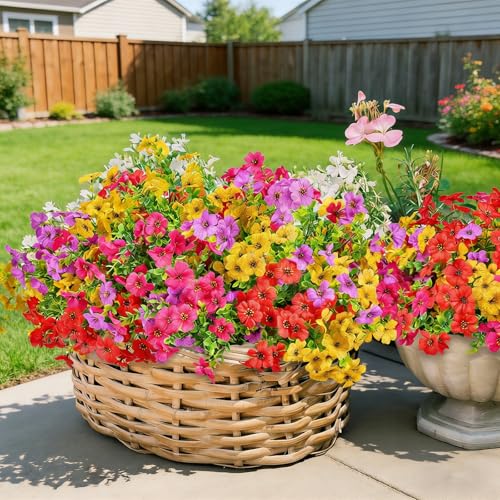 12 Bundles Artificial Flowers for Outdoor UV Resistant and Realistic, Faux Daisy Fake Flowers with Eucalyptus Leaves for Porch, Patio, Planter, Window Box, Home, Garden Decor - color: Pink Red Purple Yellow