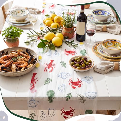 Mindsoft 3 Pcs Italian Summer Table Runner, 10ft Tablecloth Crab Party Decorations Gauze Embroidery Tulle Lace Runner for Table Wedding Birthday Bridal Baby Shower Dining Decor DIY - style: Italian Summer