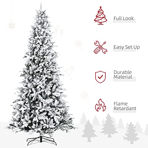 HOMCOM 9 Foot Pine Snow Flocked Artificial Christmas Tree with 616 Realistic Cedar Branches, Auto Open, Home Holiday Decoration, Green