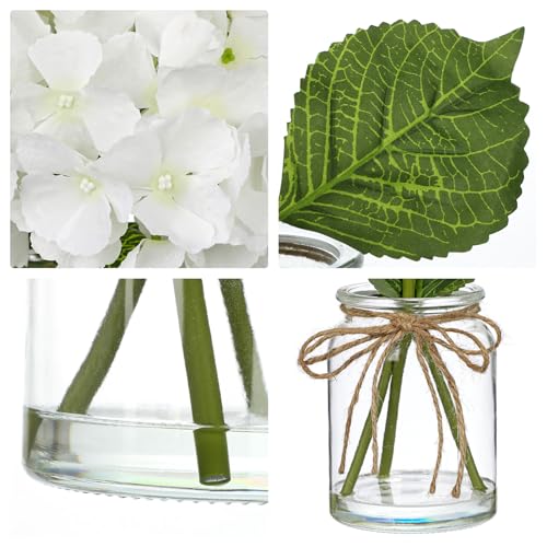 Hydrangea Artificial Flowers with Glass Vase, White Real Touch Silk Hydrangea Arrangement with Faux Water, Small Faux Floral Centerpiece for Home Decor, Wedding, Bathroom, Shelf, Coffee Table - color: White-hydrangea