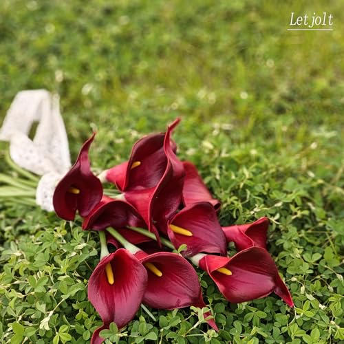 Letjolt Artificial Calla Lily Flowers 12Pcs, Dark Red | Wedding Bouquet, Home Decoration, Faux Calla Lilies - color: Dark Red