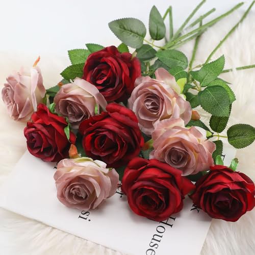 Burgundy Fake Roses Artificial Flowers - 16 Pcs Fake Artificial Roses Silk Flowers with Stems for Home Wedding Hotel Office Centerpiece Decor（Burgundy） - color: Burgundy, size: 16 Pcs