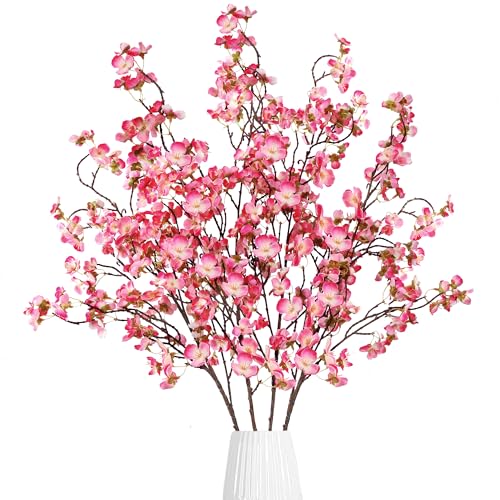 Sggvecsy Artificial Cherry Blossom Flowers 4 Pcs Faux Cherry Blossom Stems Faux Silk Cherry Blossom Branches 41’’ Fake Flowers Long Stems for Vase Arrangements Home Wedding Table Decor (Rose red) - color: New Rose Red