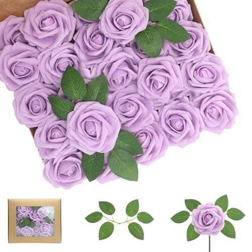 100PCS Lilac Realistic Roses - Artificial Latex Foam Flowers with Bendable Stems & 24PCS Leaves for Wedding, Home and Party DIY Decor - color: Lilac, size: 100