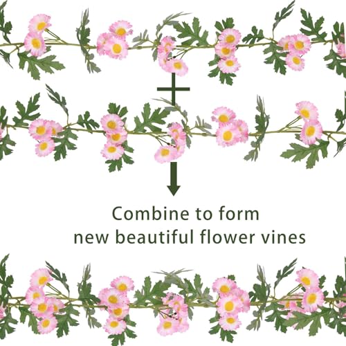 2 Pcs Wildflower Garland Spring Flowers Garland Pink Artificial Daisy Flowers and Leaves Faux Floral Vine for Mantle Baby Shower Wedding Arch Front Door Porch Staircase Summer Decor - color: Pink