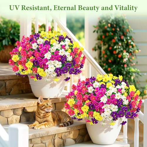 MARTINE MALL 12 Bundles Look Real Artificial Flowers for Outdoors, Realistic Fake Outdoor Flowers, UV Resistant Silk Flowers for Outside Faux Flowers Plants for Outdoor planters Porch, Mixed Color - color: Fushia&purple&red&yellow&rose Red, size: 12 Bundl