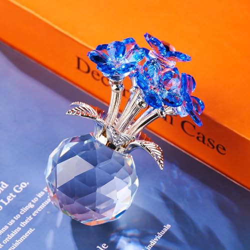 Blue Crystal Flower Glass Gifts for Sister Girlfriend Women Girl Wife,Crystal Flowers Bouquet Collectible for Wedding Anniversary Mom from Daughter Son (Blue Flower 02) - color: Blue