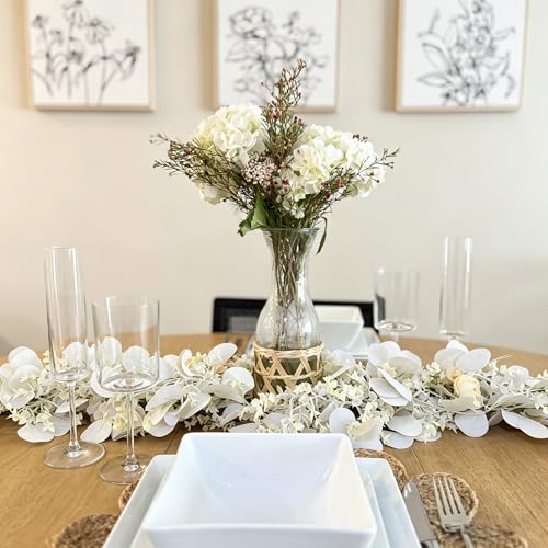 CQURE 2Pack Eucalyptus Garland,Artificial Eucalyptus Leaves Flowers Table Greenery Garland Wreath Vines for Wedding Party Fireplace Bedroom Room Decor - size: 17.7 Ft with Flowers -White