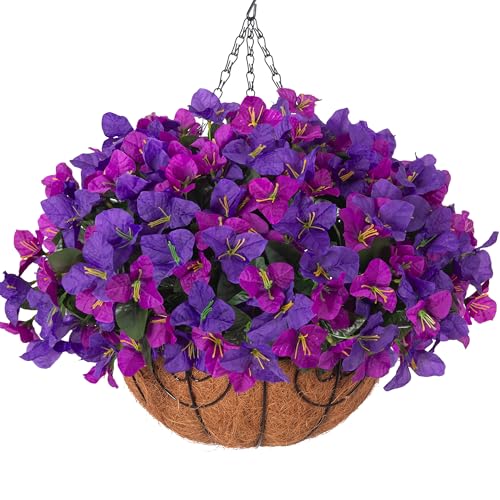 Artificial Hanging Flowers Plant with Basket for Outdoors Spring Decor, Fake Hanging Plants Faux Bougainvillea in Planter Look Real UV Resistant Silk Flowers for Outside Porch Patio Garden Home, Mix - color: Dark Purple + Fuchsia
