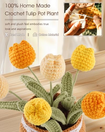 Thank You Gifts for Teachers Crochet Tulips Flower Pot - Handmade Large Crochet Flowers for Women, Graduation End of Year Appreciation Gifts, Positive Tulip Flower Gift for Boss Manager, Yellow - color: Yellow
