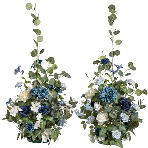 Ling's moment 36" Tall Free Standing Artificial Flowers Arrangements 2 pcs Wedding Arch Altar Stage Decorations Dusty Blue Navy for Ceremony Reception Silk Rose Fake Floral Party Outdoor Beach Decor - color: Blu-dusty Blue & Navy